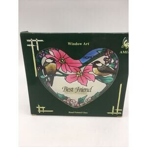 New AMIA Window Art Hand Painted Glass Suncatcher “Best Friend” w/ Flowers Birds